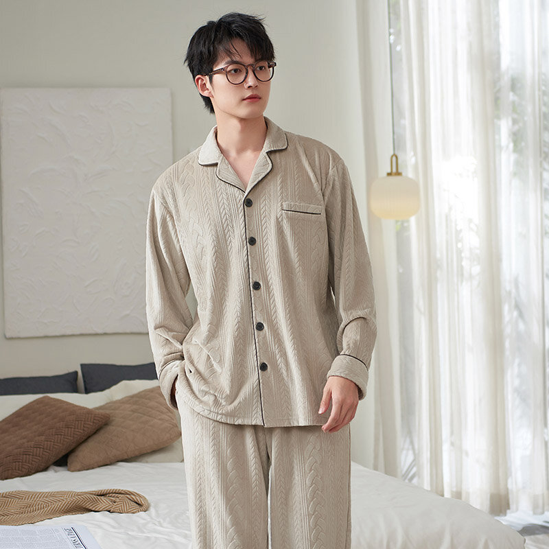 Men's Pajamas Warm Flannel Autumn Winter Male Pyjama Homme Pijama Sleepwear Long-Sleeve Thick Island Fleece Lounge Sleep Set 3XL