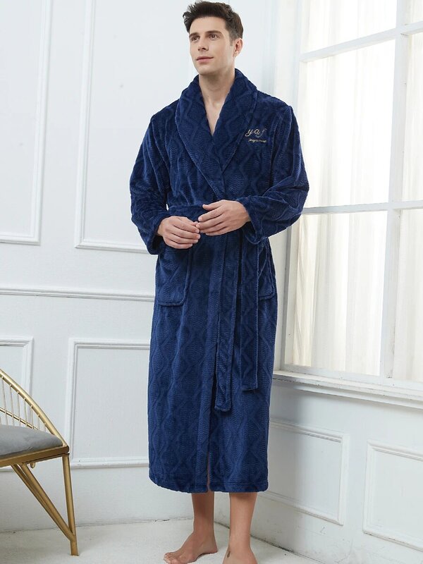 Ropa de dormir gruesa para hombre, albornoz Kimono de franela de talla grande, bata cálida de lana de Coral, ropa suelta para el hogar, camisón, 3XL, 4XL, Invierno