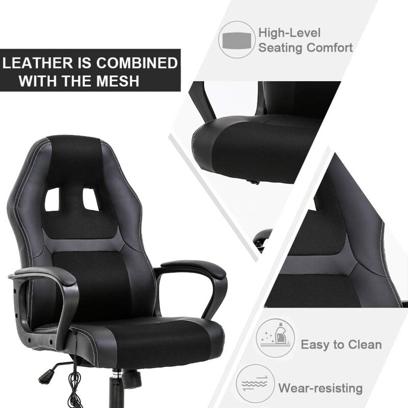 PC 게임용 의자 마사지 사무실 의자, 인체 공학적 책상 의자, 조절 가능한 PU 가죽 레이싱 의자, 요추 지지대 머리 받침대 포함