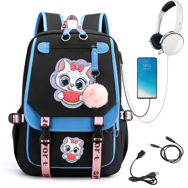 십대용 만화 학교 베낭가방, 귀여운 고양이 프린트 책가방, 소녀 어린이 백팩, 십대 백팩, USB 충전 책가방