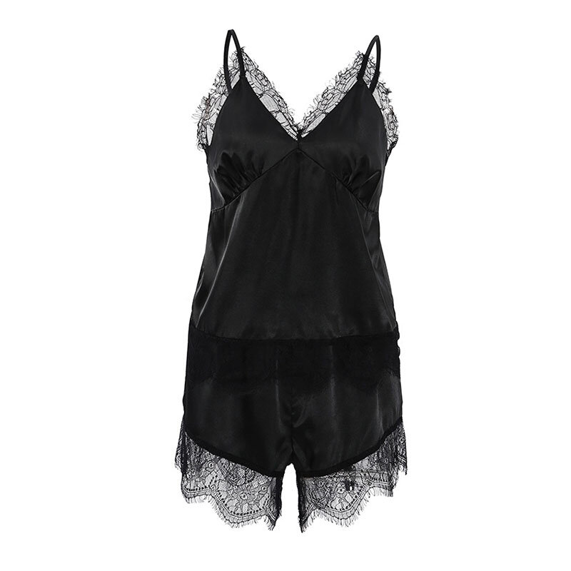 Женская Черная Пижама, Сексуальная кружевная Женская одежда для сна с шортами, удобная женская домашняя одежда