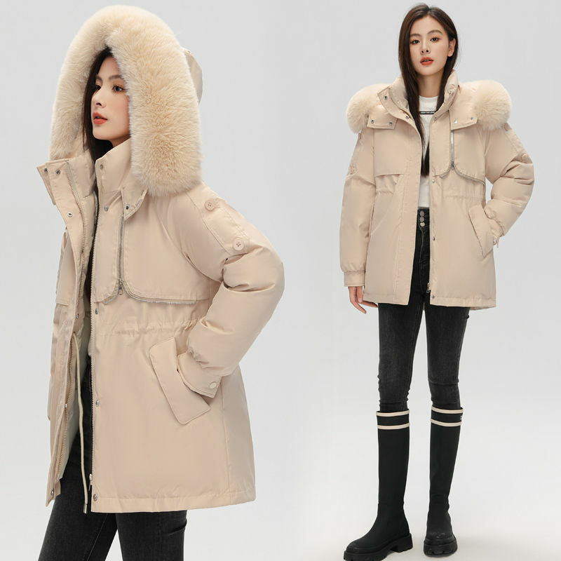 Женское пальто с хлопковой подкладкой, свободное зимнее пальто средней длины с большим меховым воротником, 2023