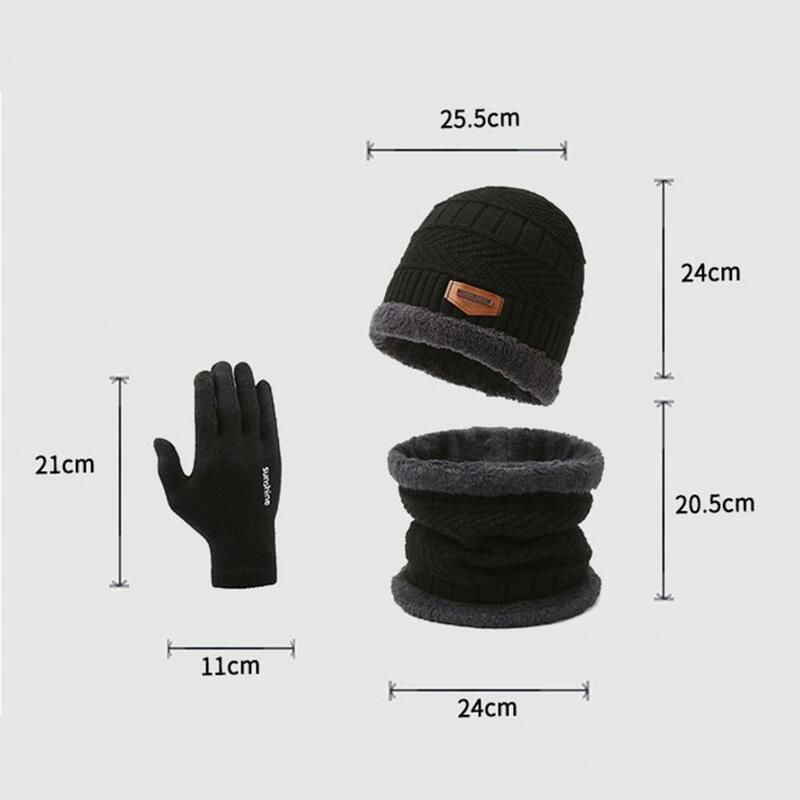 1ชุดถุงมือผ้าพันคอหมวกฤดูหนาวของผู้ชายชุดถุงมือหนาถักยืดหยุ่นหมวกห้านิ้วหมวกคอถุงมือสำหรับกลางแจ้ง