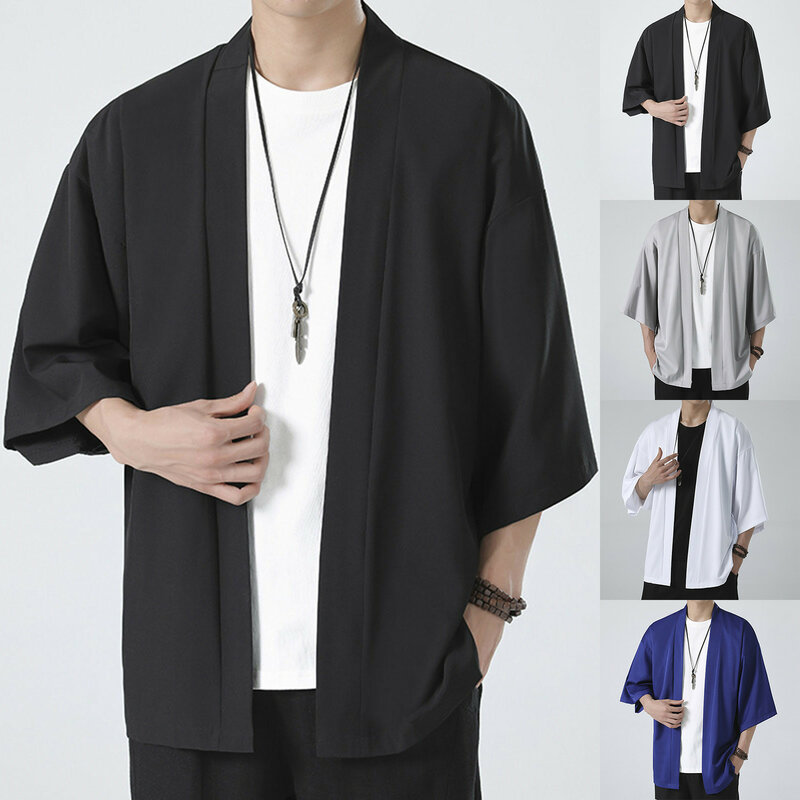 Abrigo de Color liso para hombre, Kimono japonés, cárdigan, prenda fina y holgada para exteriores, gran oferta, verano y otoño