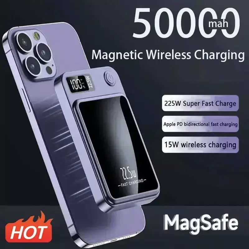 Banco de potência magnética Macsafe portátil, carregador rápido sem fio para iPhone 12, 13, 14 Pro Max, bateria auxiliar externa, 50000mAh