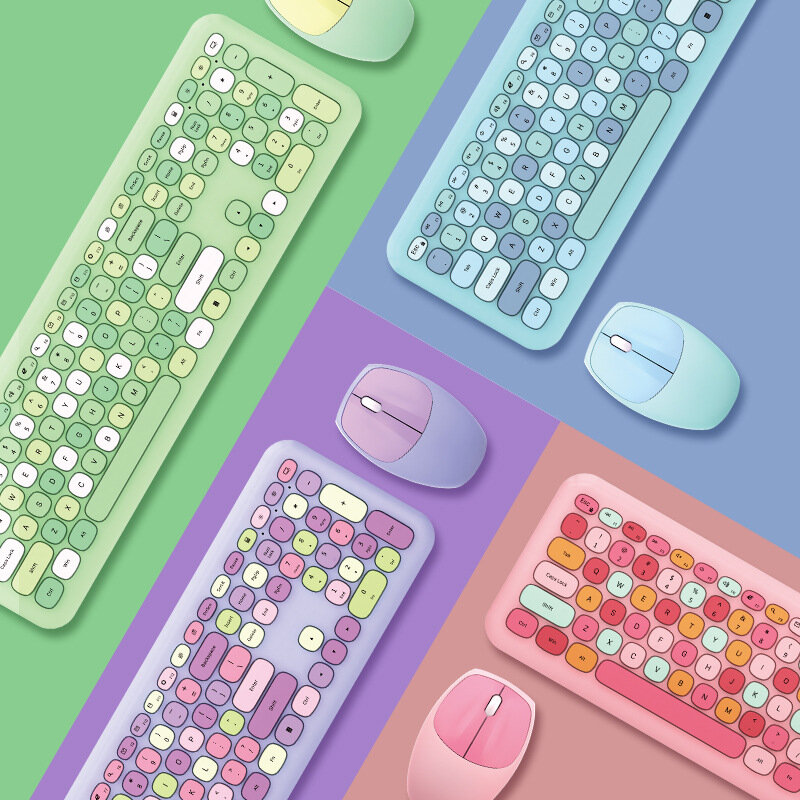Set Keyboard dan Mouse Nirkabel Warna Macaron Kecil Segar Keyboard Warna Tak Terbatas Senyap Cokelat Cantik untuk Anak Perempuan