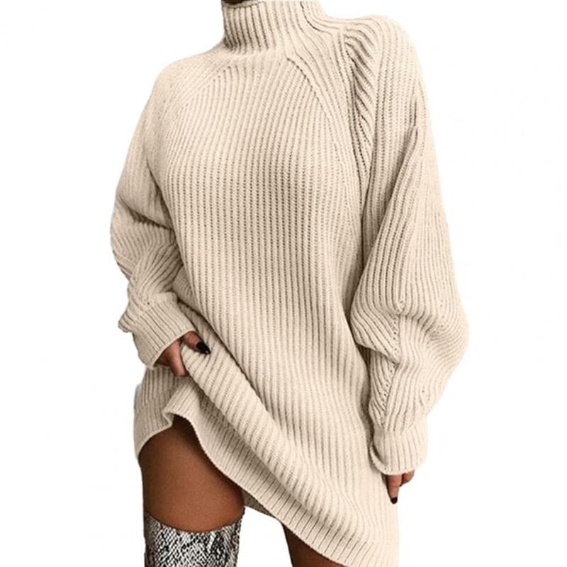 Теплое платье-свитер с высоким воротником, вязаный свитер, стильное теплое женское платье-свитер свободного кроя с высоким воротником и длинными рукавами для осени