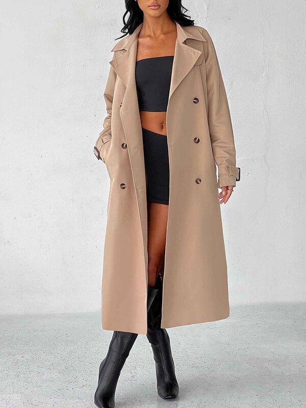 여성용 캐주얼 트렌치 코트, 더블 브레스트 긴팔 바람막이 재킷, 벨트 스트리트웨어 아우터