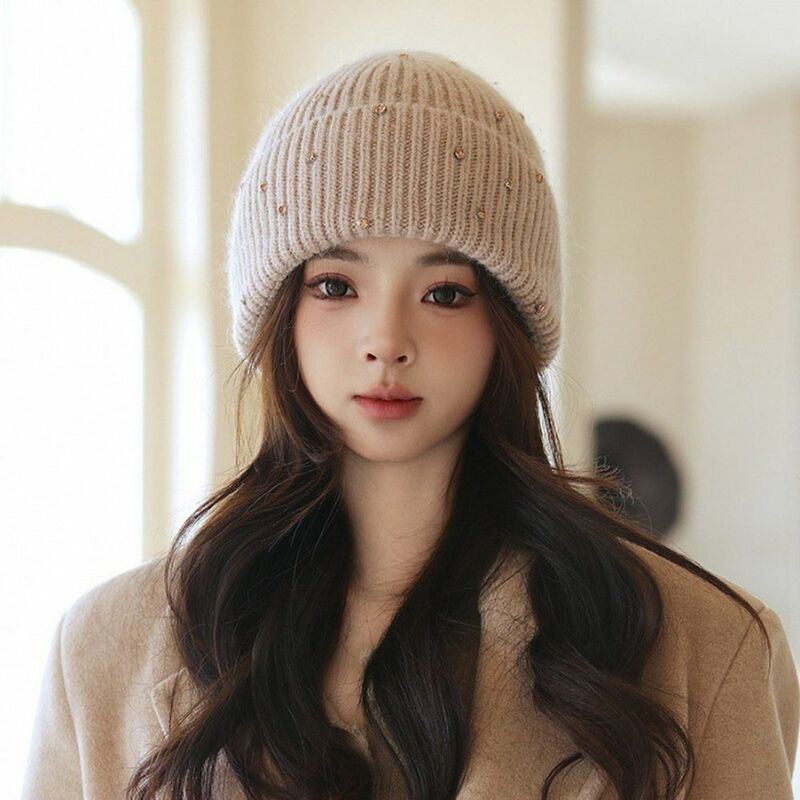 Elastic Knitted Hat Comfortable Rhinestone Warm Beanie Cap Windproof Thickened Ear Protector Cap Winter