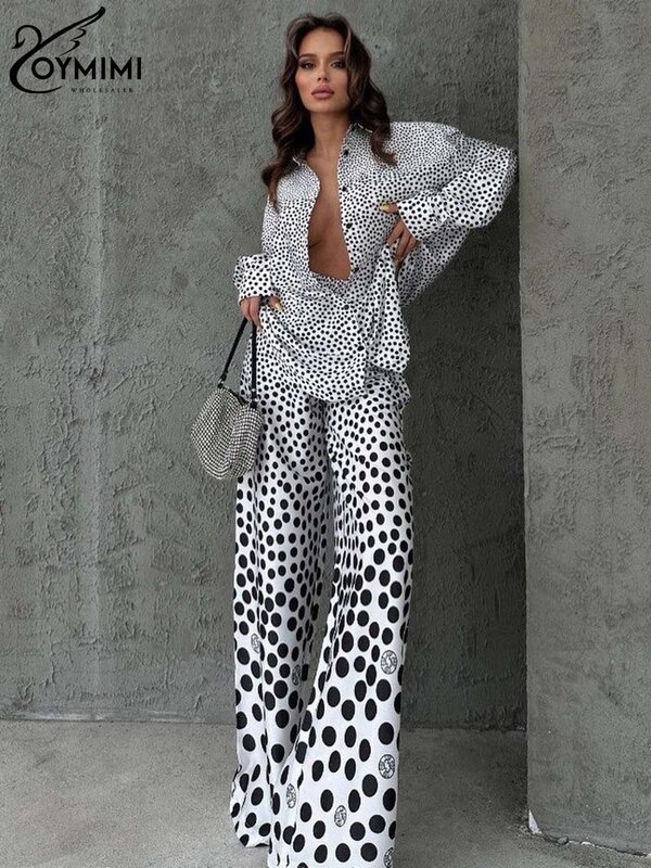 Oymimi Elegant White Print Two Piece Outfits Women Casual Long Sleeve Button Shirts And High Waist Straight Trousers Female Sets