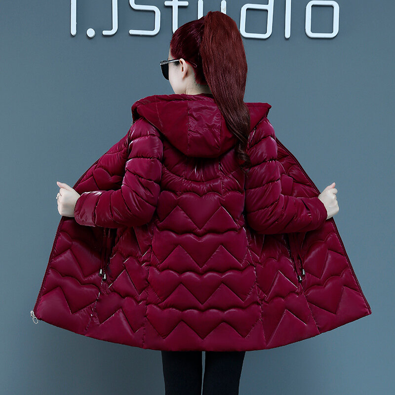 Jaket mantel Parka wanita, pakaian luar berkerudung ibu, temperamen pinggang baru musim dingin 2023