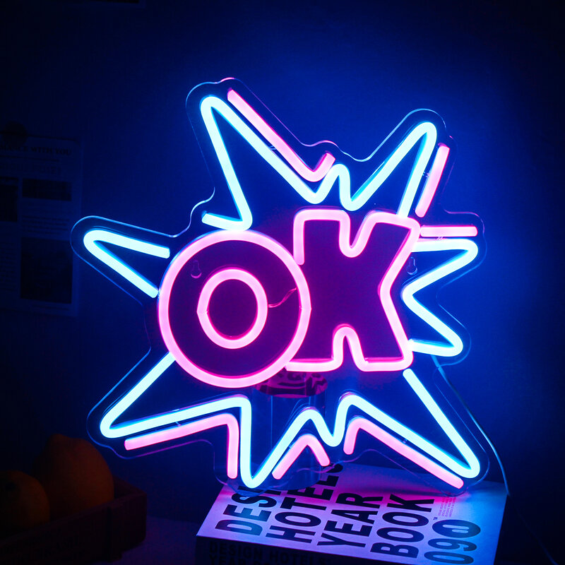 Letrero de neón OK luces LED explosión, diseño fresco, decoración de fiesta de habitación para el hogar, bares, Festival de cumpleaños, lámpara de pared de arte colgante, regalo