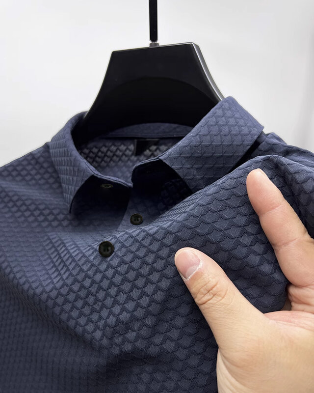 New men's summer ice silk polo shirt plaid button solid color short sleeve nylon polo shirt
