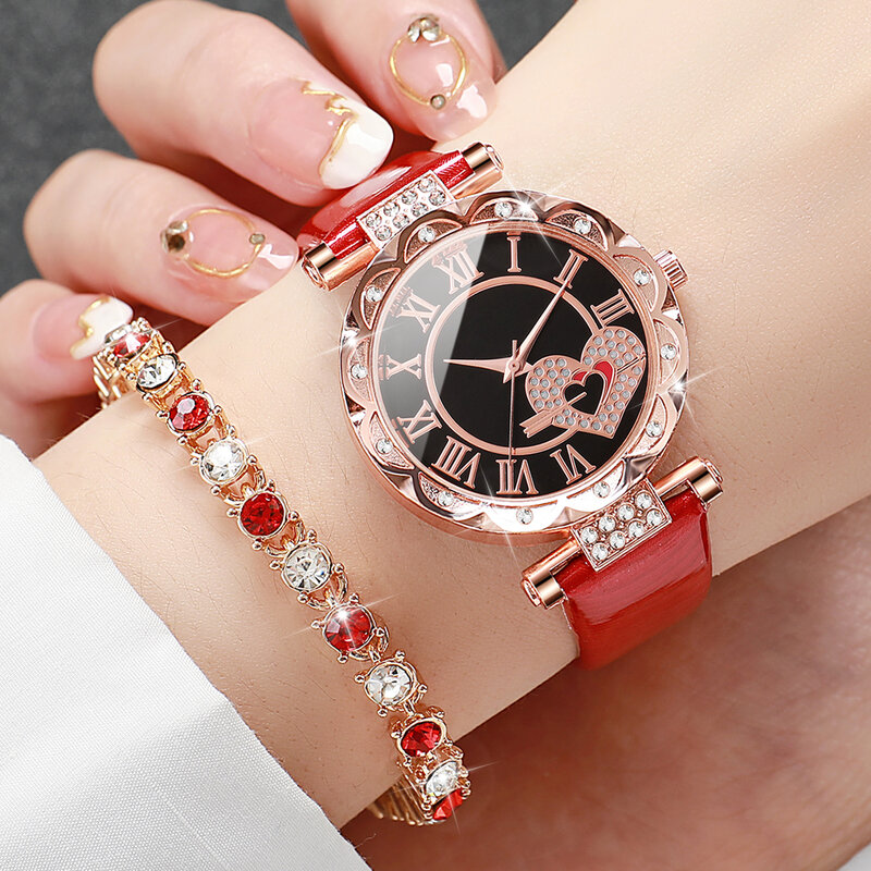 2 sztuk/zestaw kobiet modny skórzany pasek zegarek analogowy z bransoletką Diamon