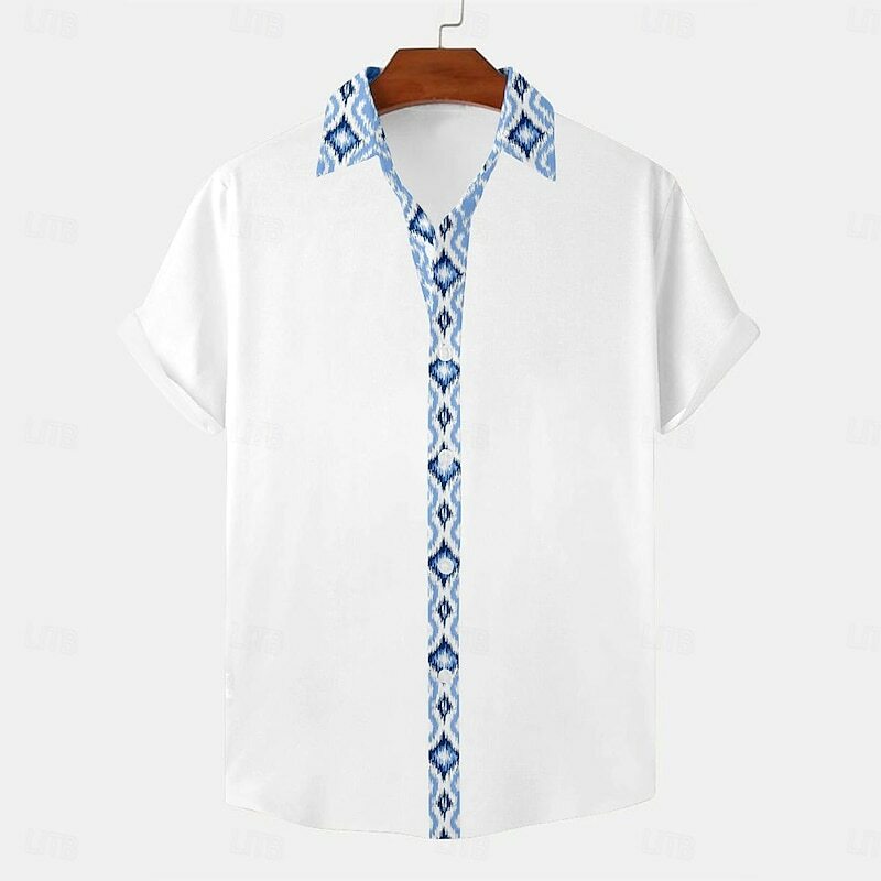 기하학적 부족 남성용 프린트 셔츠, 스트리트 워크, 라펠 반팔 셔츠, 패셔너블하고 부드러운 스타일리시 단추 디자인, 여름