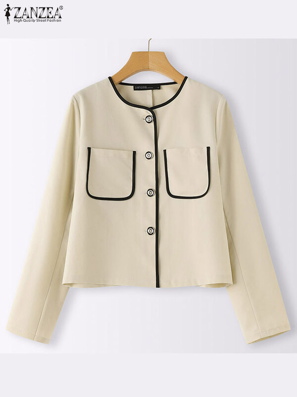 ZANZEA Korean Fashion O-Neck Jackets Casual OL Suits 2023 Woman Long Sleeve Work Blazer Autumn Elegant Contrast Color Outwear