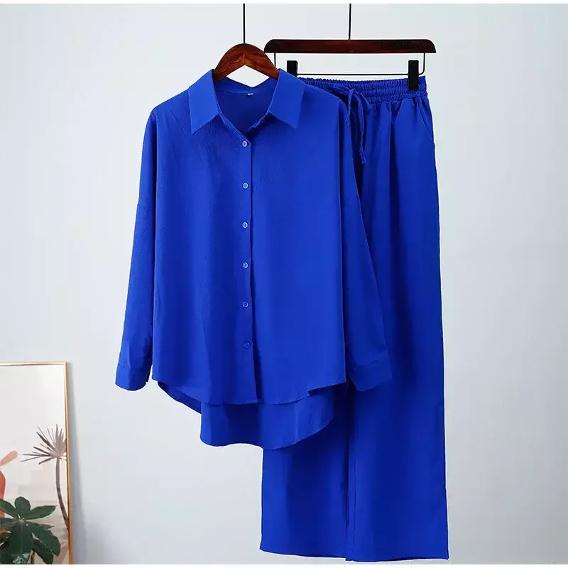 Wakacyjne spodnie z szeroką nogawką dwuczęściowy zestaw kobiet w stylu Vintage Boho Maxi koszula jesień dorywczo luźna praca Streetwear Y2k 2022 stroje