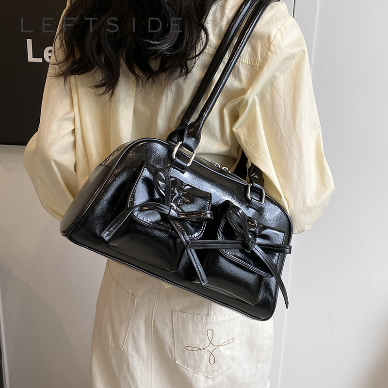 LEFTSIDE Cute Bow Tie Design Underarm Bags for Women 2024 Y2K Korean Fashion Handbags and Purses Pu Leather Shoulder Bag