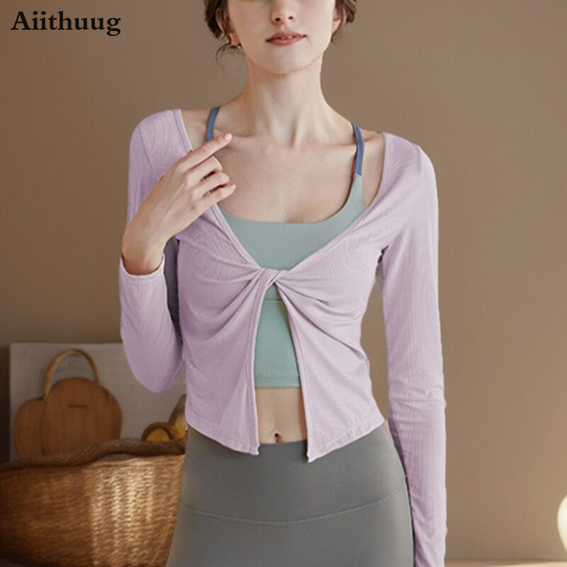 Aiithuug-Camiseta deportiva con cuello en V para mujer, traje de manga larga de secado rápido con hilo anudado para Yoga, Fitness, correr, Pilates y entrenamiento