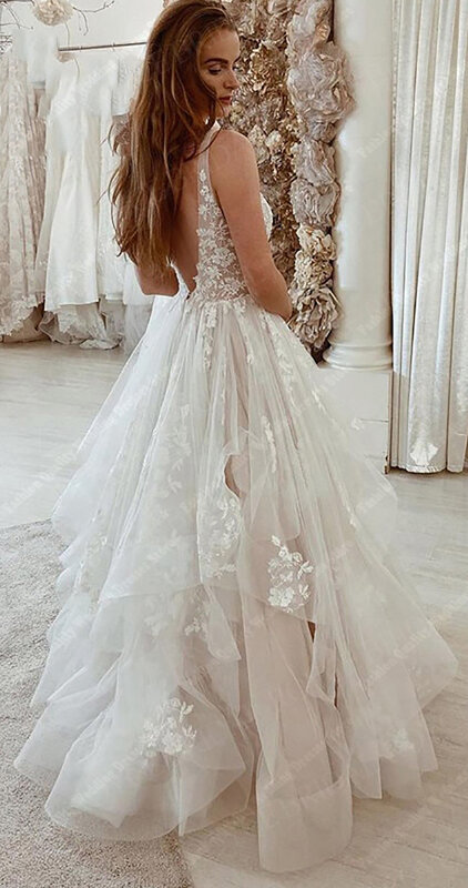 فستان زفاف بدون أكمام برقبة حرف V ، فساتين زفاف مطرزة ، زينة متألقة ، طول الأرضية ، وهم رائع ، جديد