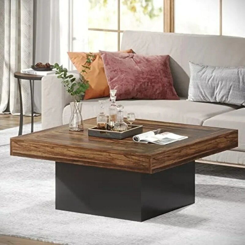 Meja kopi persegi dengan lampu LED, meja kopi Farmhouse meja kopi rendah direkayasa kayu untuk ruang tamu