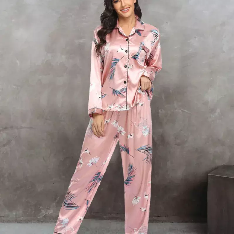 Women's Pajamas Set 2 Piece Print Pyjama Buttons Faux Silk Satin Sleepwear Spring Summer Long Sleeve Pijama Mujer Pjs Homewear