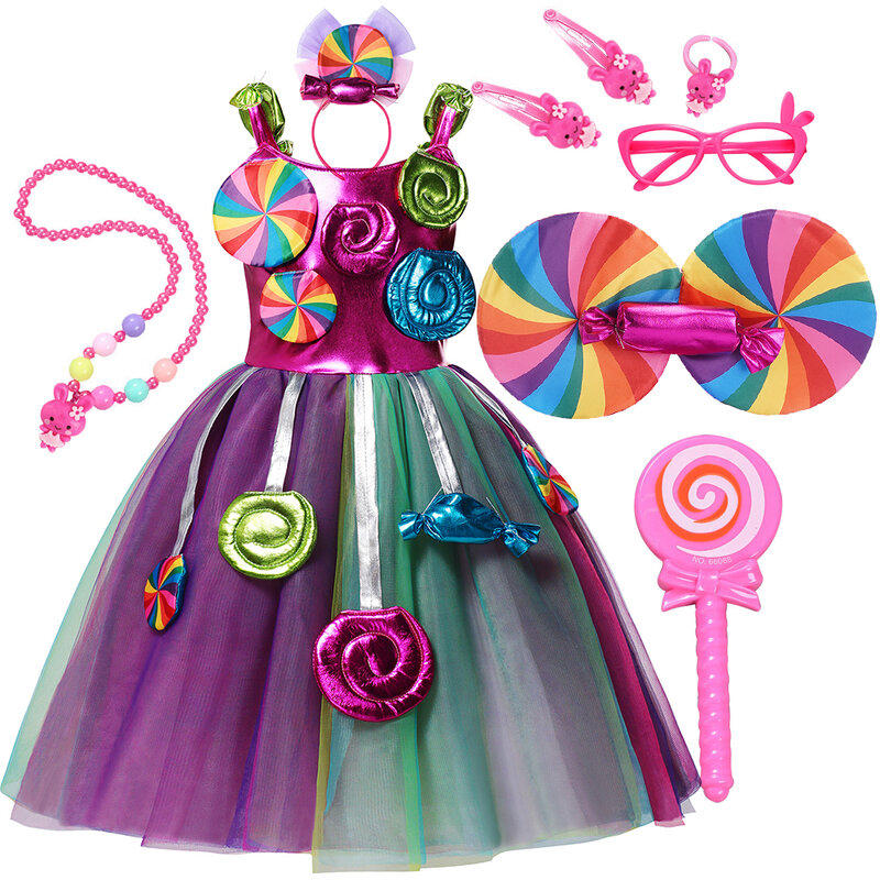 Costumes de bonbons pour filles, robe de cosplay de sucette, carnaval pour tout-petits, robe arc-en-ciel de Pourim, vêtements de princesse éducatifs, fête de Noël, 2024