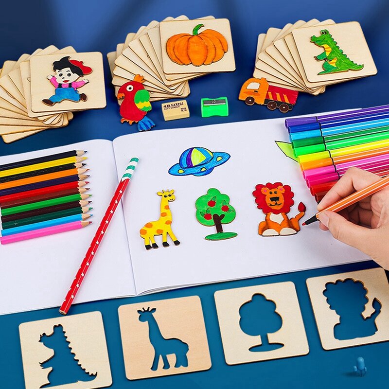 Mainan lukis anak gambar balita mainan pendidikan kayu DIY lukisan stensil Jigsaw Puzzle mainan pendidikan