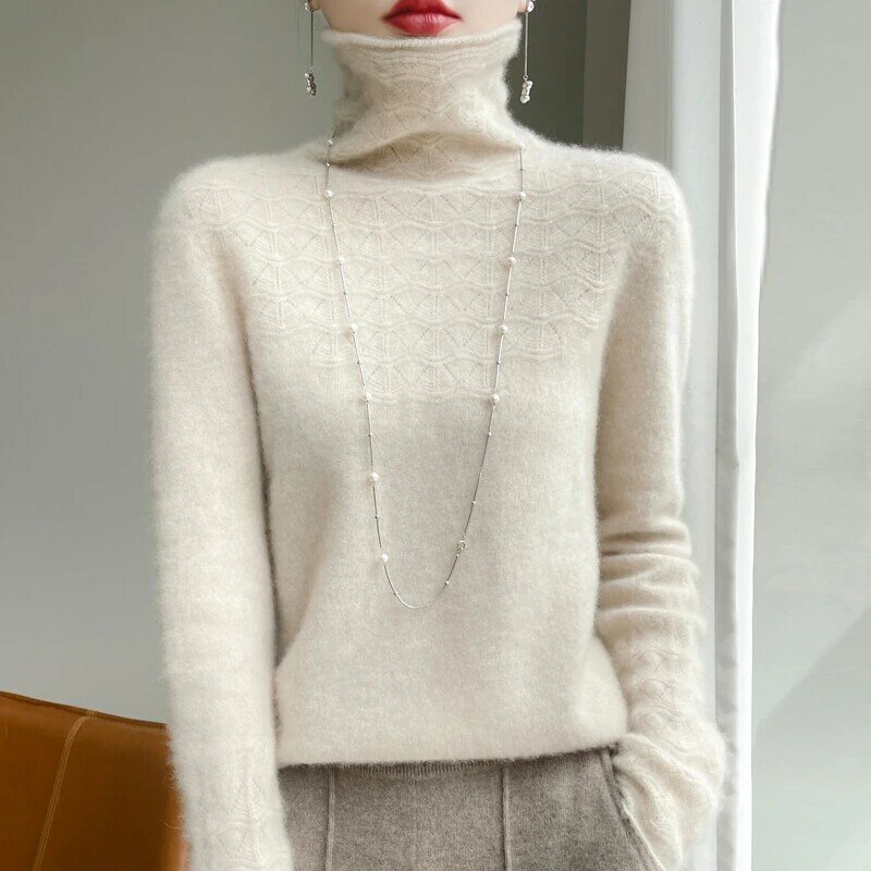 Garmen siap pakai tanpa kelim, Sweater wol murni 100%, Pullover wanita, kerah tinggi lengan panjang musim gugur/musim dingin longgar ukuran besar