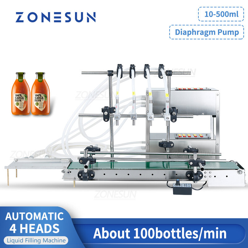 ZONESUN Mesin Pengisi Otomatis ZS-DTDP4G 4 Kepala Botol Pompa Diafragma Cairan dengan Sabuk Konveyor untuk Lini Produksi Kecil