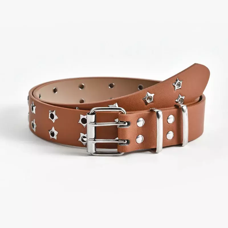 Cinturón de cadena de estilo Punk para hombres y mujeres, hebilla de doble botonadura de estrella hueca ajustable, hebilla de Metal, pretina de cuero para Jeans, moda