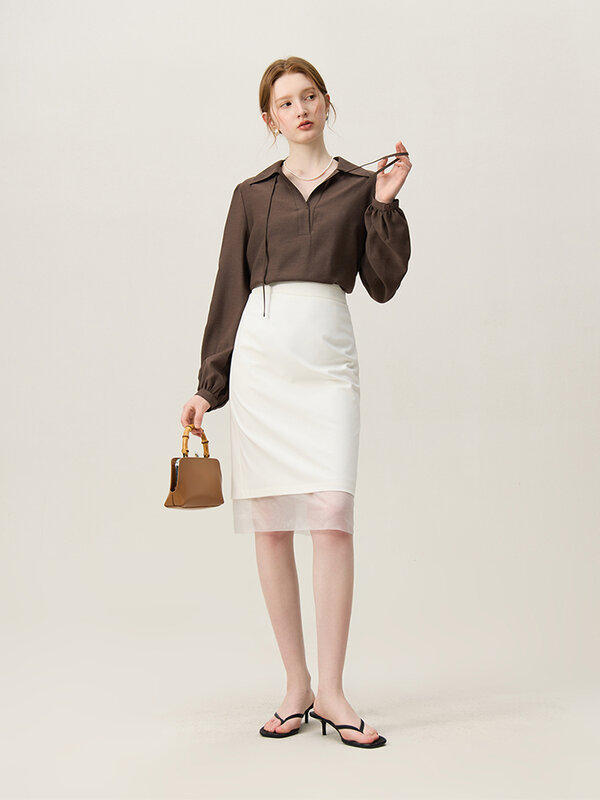 FSLE-Falda ajustada con dobladillo de malla para mujer, prenda Formal con código de vestimenta, estilo básico, para oficina, 2024, 24FS12066