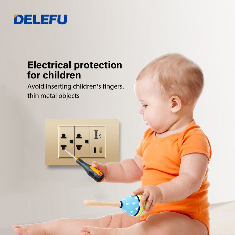 Delefu/Thailand/EU standard 118x74mm wall socket, Gold PC panel USB C charging socket, 15A wall light switch, 5
