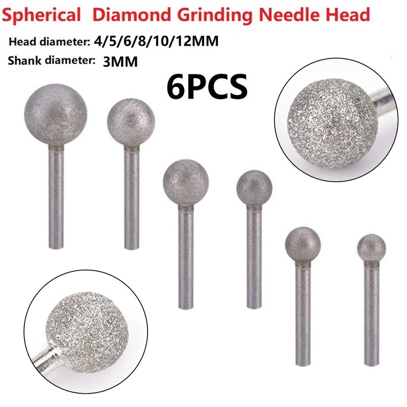 Diamante Grinding Needle Head Kit, Round Ball Burr Broca para Escultura, Gravura, Perfuração, Ferramentas Peças, 33-40mm Comprimento, 4-12mm, 6 Pcs