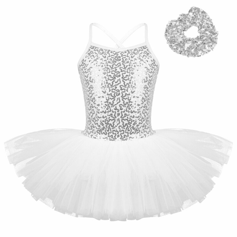 Gaun Ballet Tutu anak perempuan, pakaian dansa Anak perempuan payet tanpa lengan, gambar Lyrical, gaun senam Skating dengan pita rambut