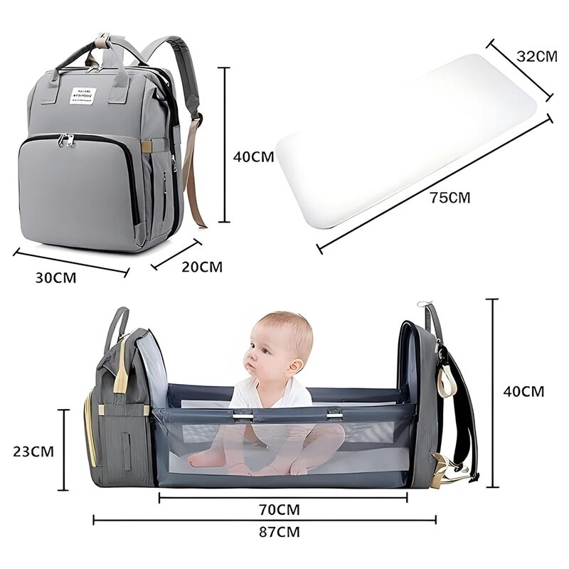 Fashionable Mommy Bag Folding Baby Bed Mother Large Capacity Portable Milk Bottle Diaper Double Shoulder Mom's Bag
