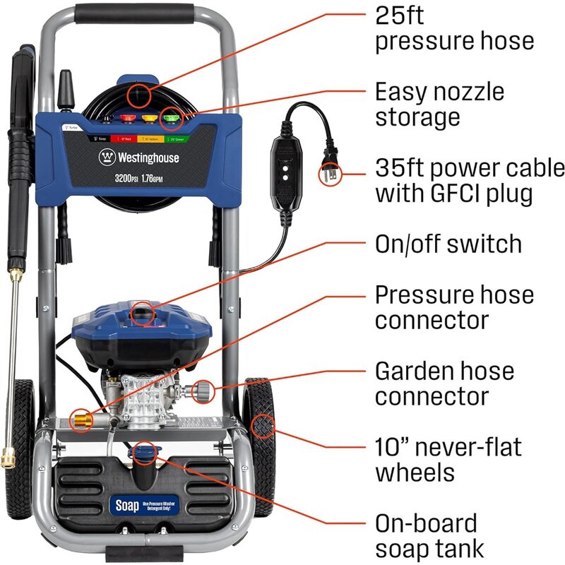 WPX3200e Electric Pressure Washer, 3200 PSI and 1.76 Max GPM, Induction Motor, Onboard Soap Tank,
