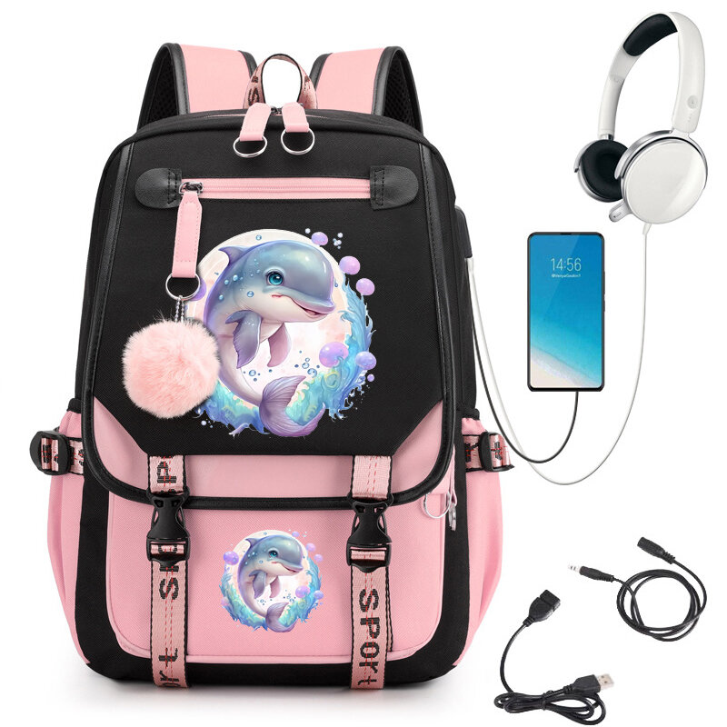 Dreamy Cute Dolphin Print School Backpack Cartoon School Bag Student Teens Bookbag Laptop Mochila Travel Backpack Kawaii Bagpack