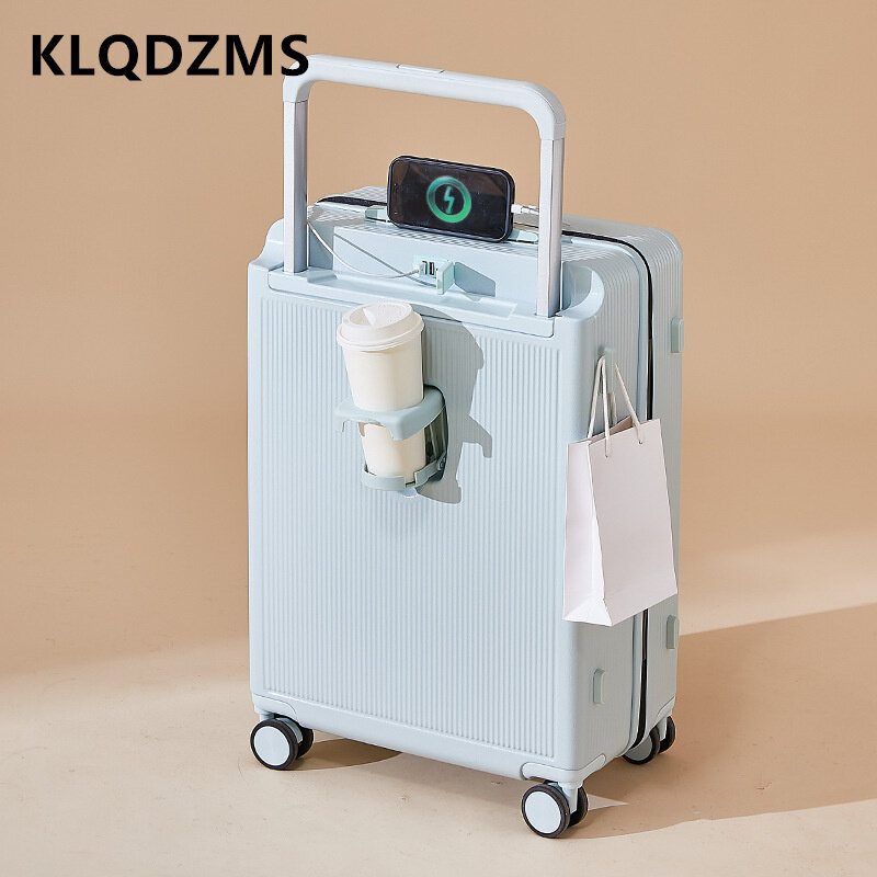 KLQDZMS casing troli tebal PC bagasi 20 "22" 24 "26 inci, kotak asrama multifungsi wanita dengan pemegang cangkir koper bergulung