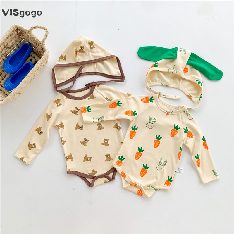 Visgogo-女の子と男の子のための春の長袖ロンパース,かわいいクマ/人魚のプリントスーツ,カジュアル,2個