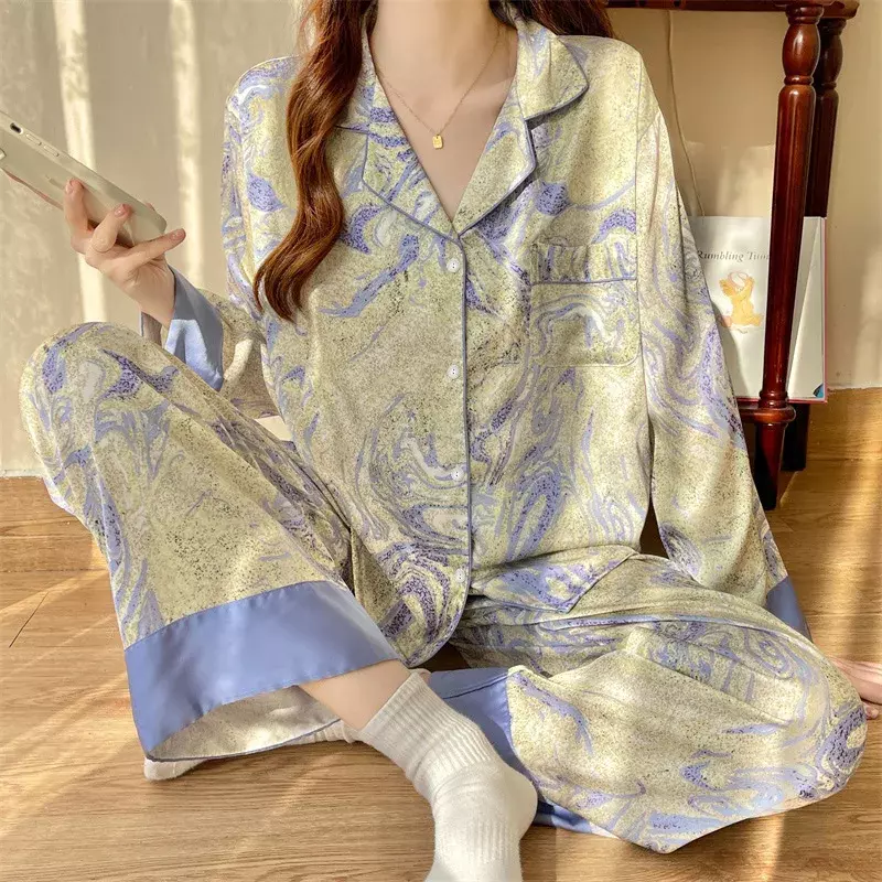 Women Pajamas Sets Summer 2 Piece Print Pyjama Faux Silk Satin Buttons Down Sleepwear Short Sleeve Pijama Mujer Pjs Homewear