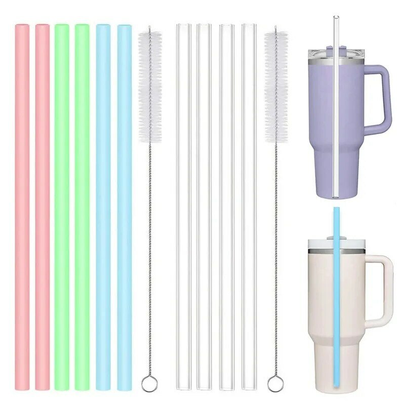6 Pack Multicolor Silicone Replacement Straws for Stanley 20 30 40 Oz Cup,Reusable Long Straw with Cleaning Brush