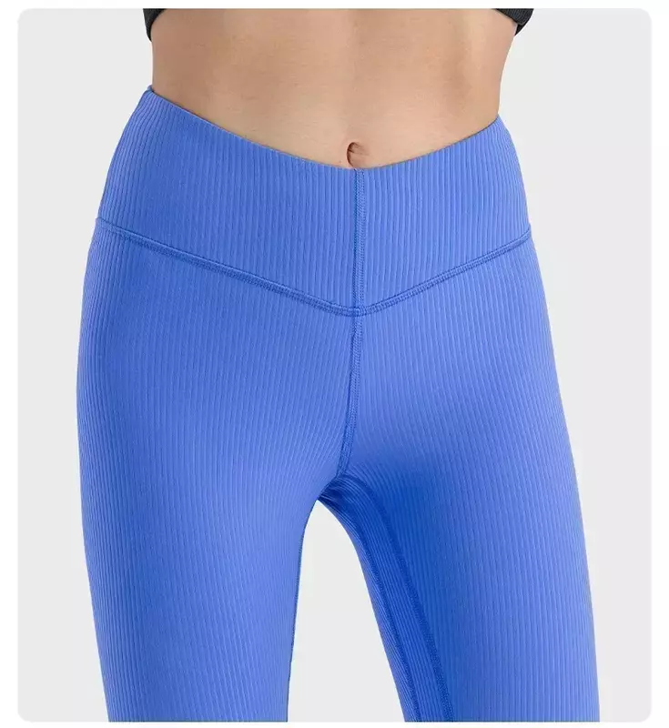 Calças de ioga de cintura alta com nervuras de limão para mulheres, perneiras esportivas, elásticas, levantar o quadril, calças para exercícios