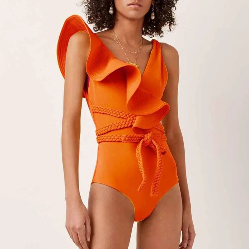 New Plus Size costumi da bagno donna 2023 costumi da bagno interi Sexy di lusso Deep-V Micro Bikini spalla Solid Ruffled Beach costume da bagno
