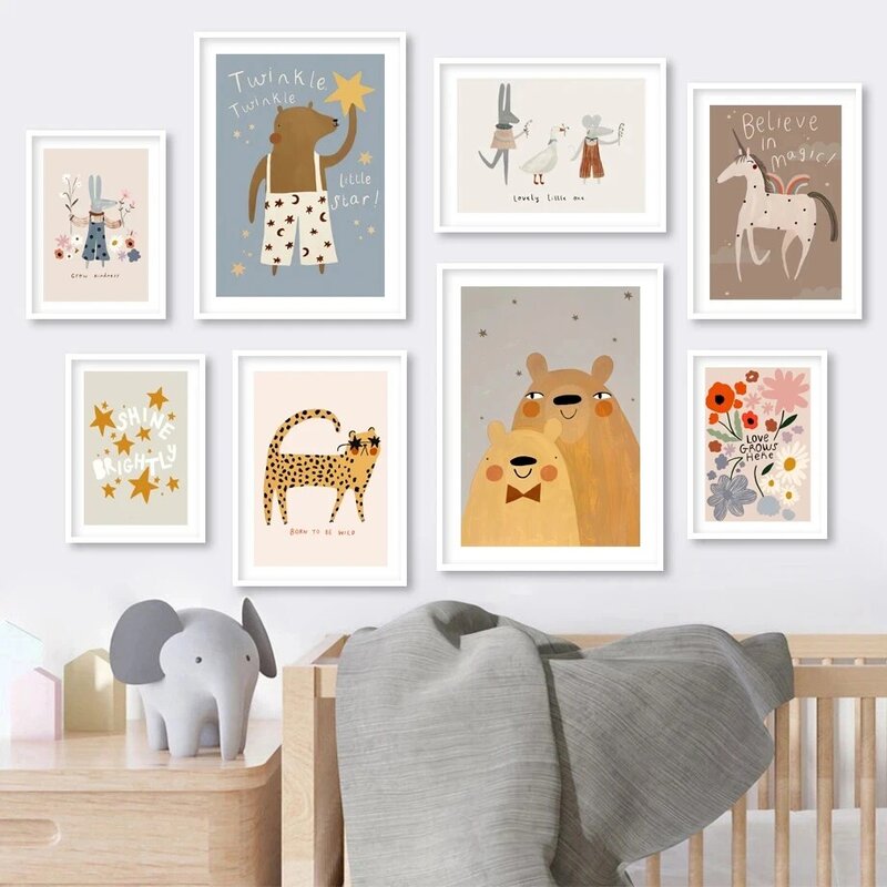 Pósteres nórdicos de dibujos animados para decoración de habitación de Bebé y Niño, pintura en lienzo con dibujo de ratón, guepardo, conejo, oso, unicornio, imágenes de pared