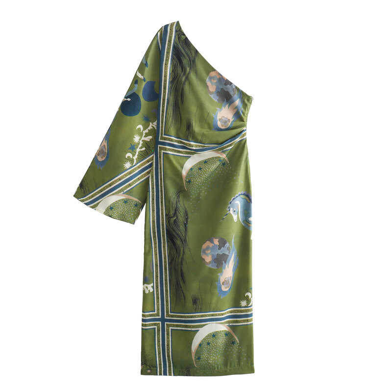 Женское платье-миди с асимметричным принтом, свободное винтажное платье с V-образным вырезом и длинным рукавом, лето 2024