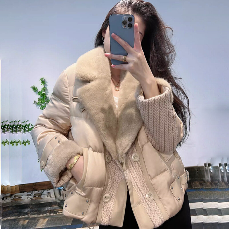 2023 Autumn Winter Women Coats 90% White Goose Feather Down Jackets with Real Natural Mink Fur Collar Luxury Female Coat Outwear