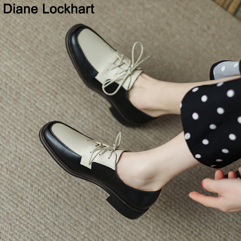 Zapatos planos Oxford de estilo británico para mujer, calzado informal con cordones, color blanco y negro, primavera y otoño