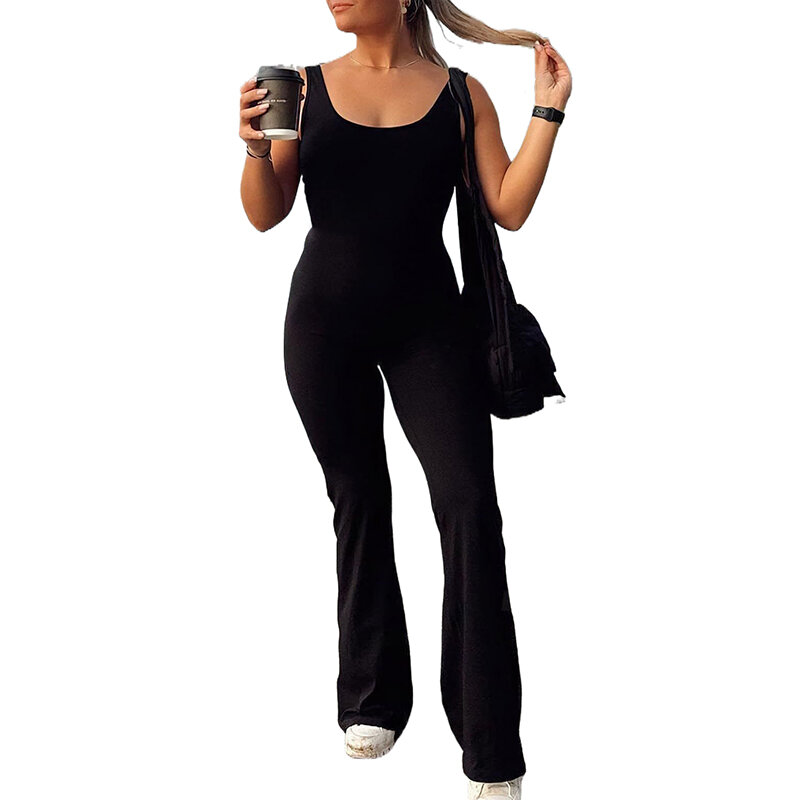 Women Workout Flare Jumpsuits Sexy Backless Gym Bodycon Bodysuit Yoga Rompers V Back