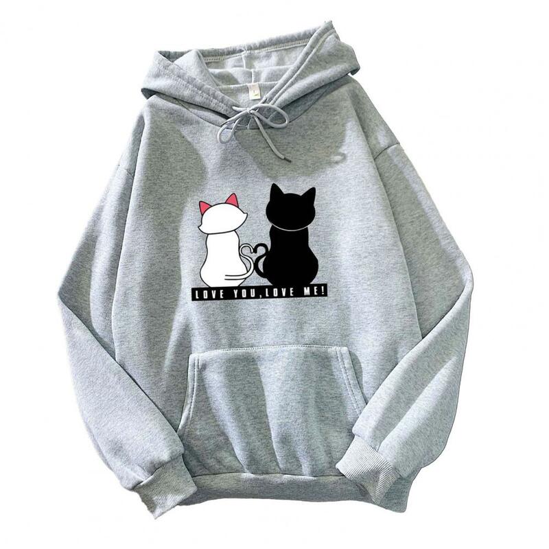Women Printed Hoodie Cartoon Cat Print Plush Hoodie Cozy Unisex Pullover with Drawstring Elastic Cuffs Patch for Fall/winter
